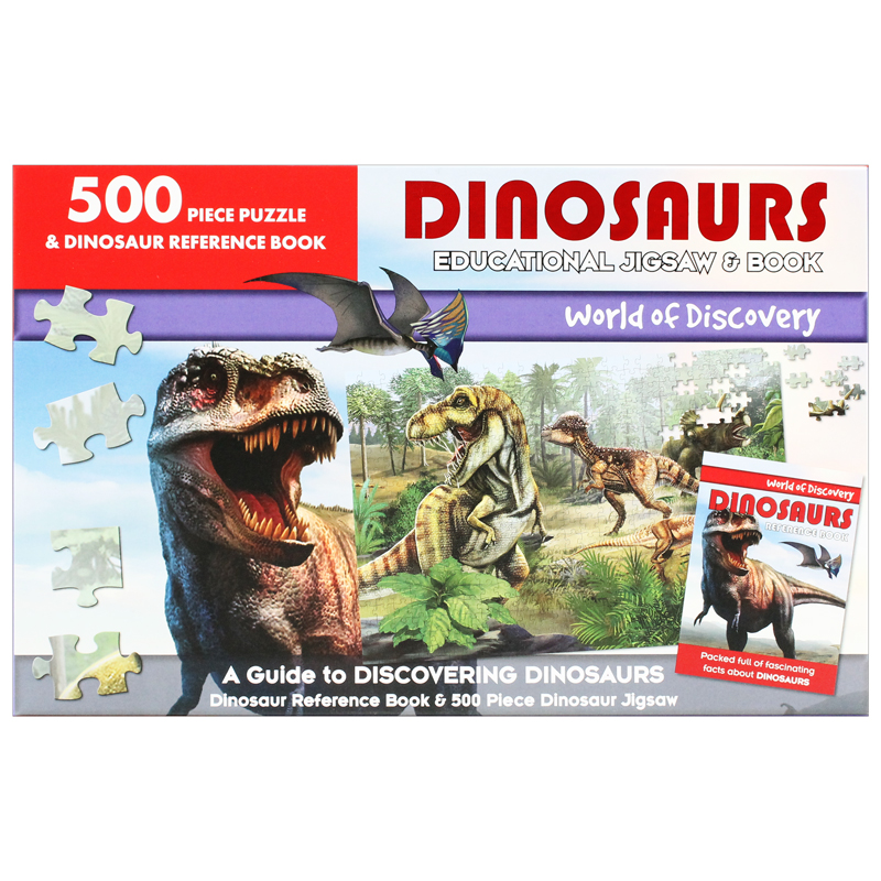 world of discovery - 500 piece puzzle & dinosaur reference book: dinosaurs educational jigsaw & book