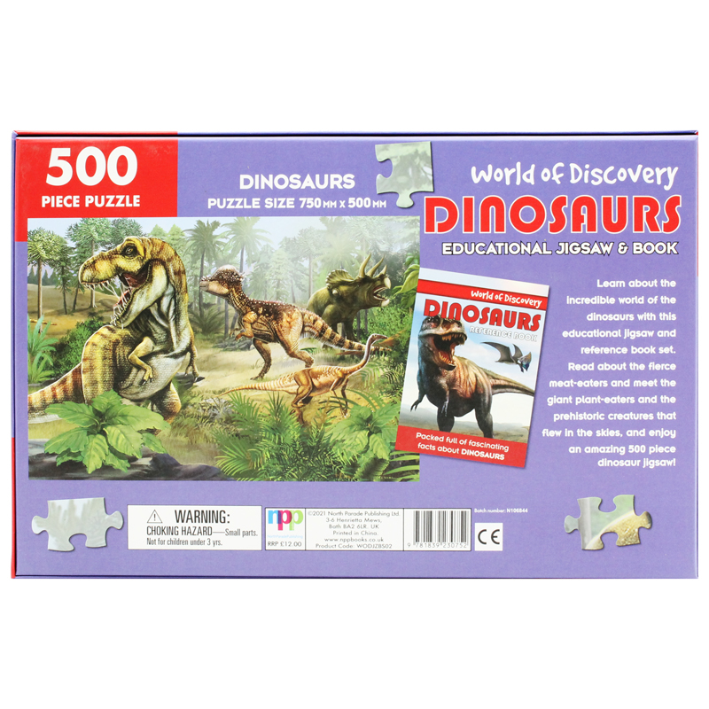 world of discovery - 500 piece puzzle & dinosaur reference book: dinosaurs educational jigsaw & book