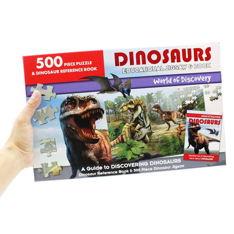world of discovery - 500 piece puzzle & dinosaur reference book: dinosaurs educational jigsaw & book