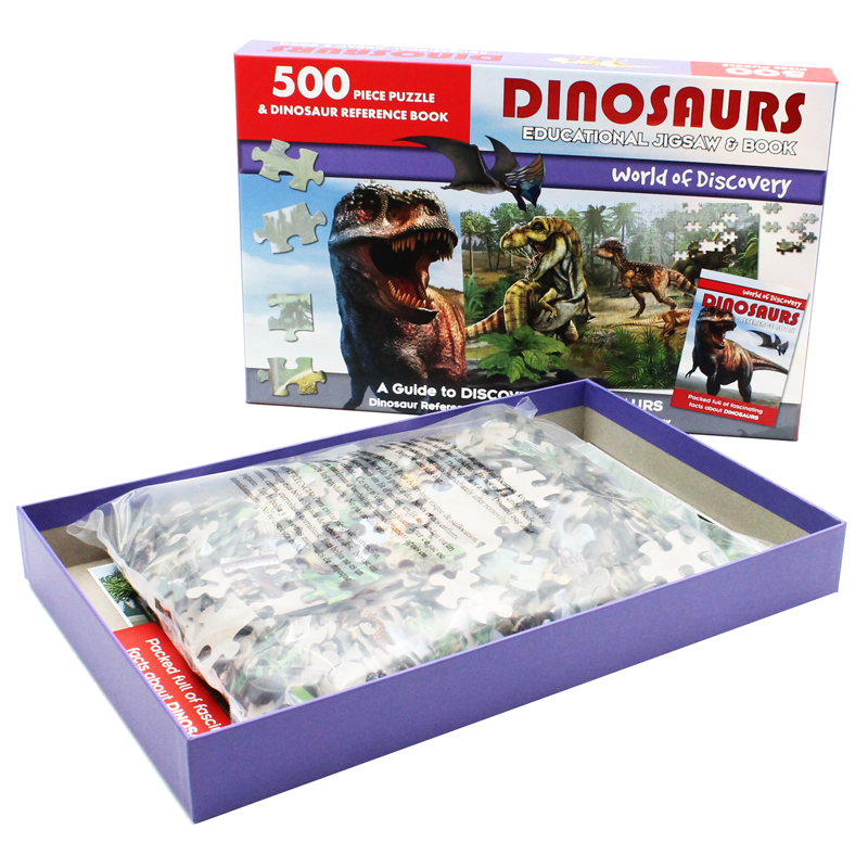 world of discovery - 500 piece puzzle & dinosaur reference book: dinosaurs educational jigsaw & book