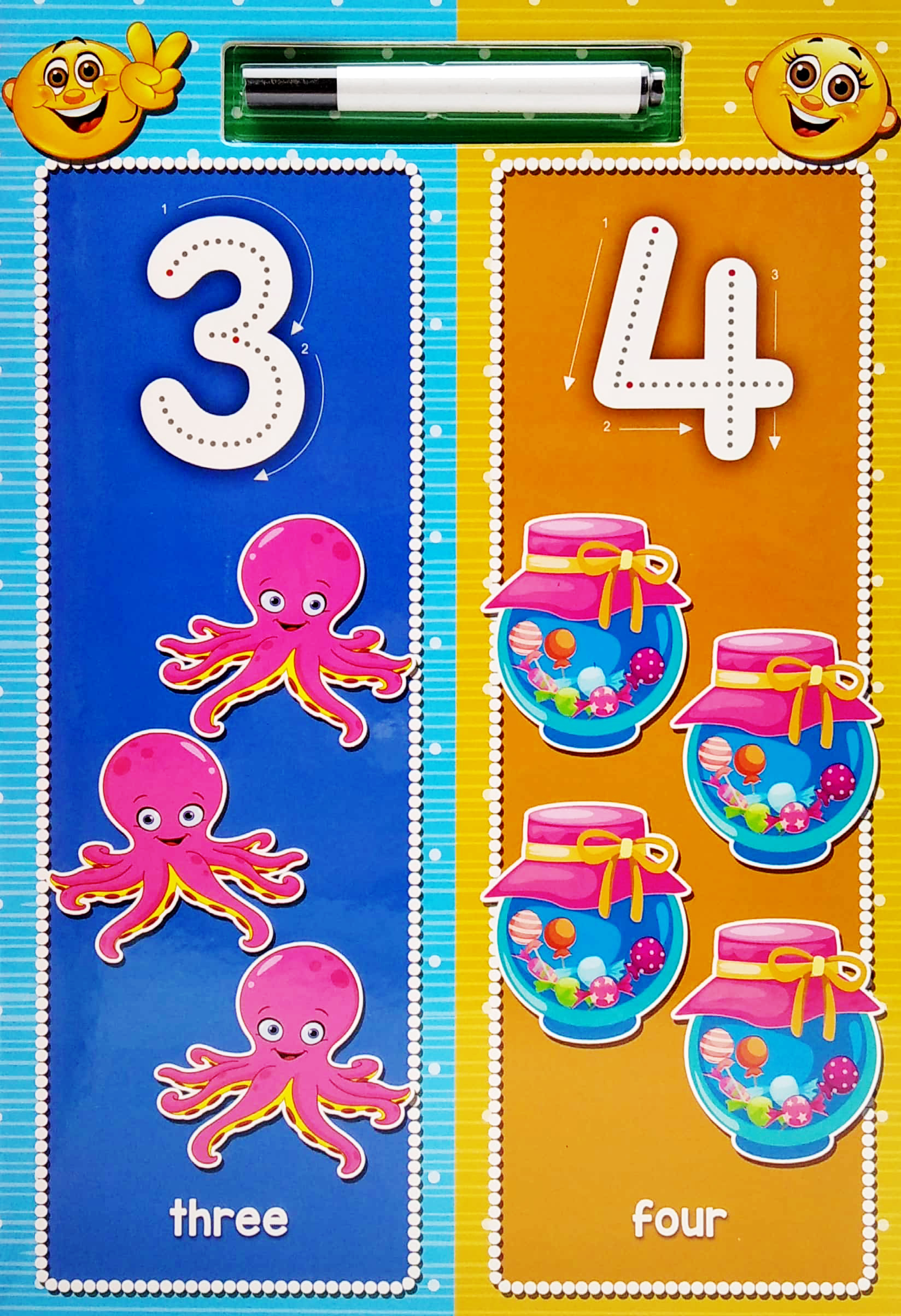 writing practice: numbers, shapes and colours